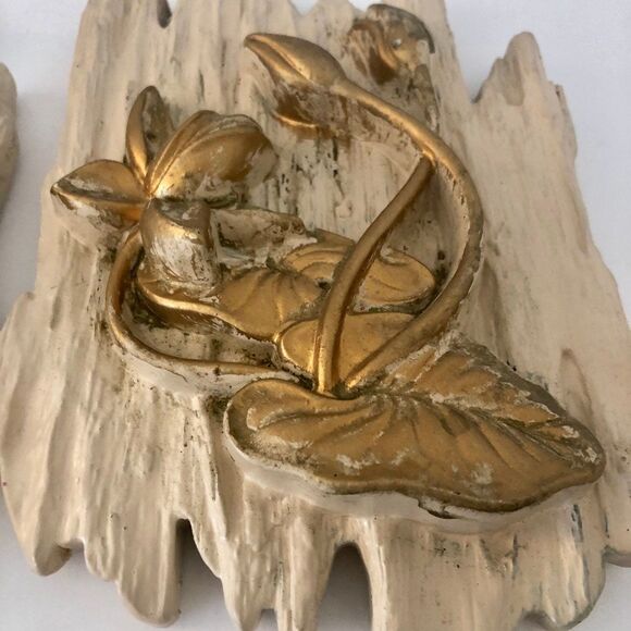 2 Floral Chalkware 3-D Wall Hangings MCM Hand Painted Gold Mid-Century Decor - Picture 2 of 10